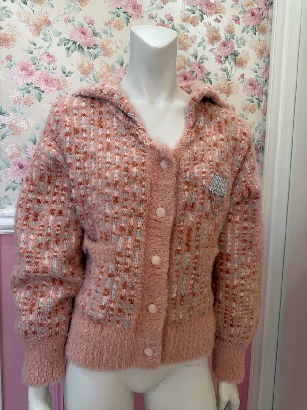 Fluffy Pink Teddy Button-Front Jacket with Collar